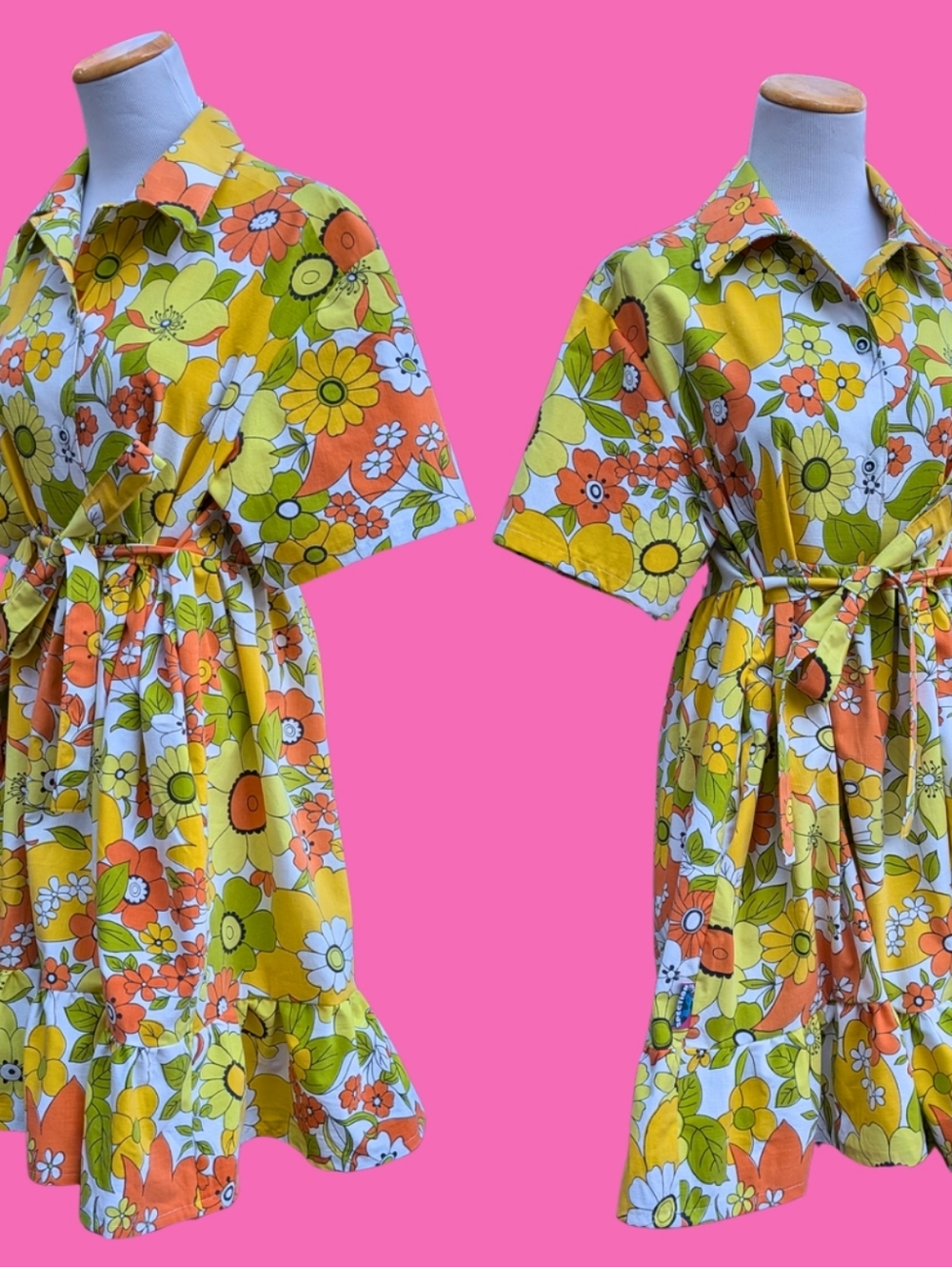 Handmade, Upcycled Vintage Yellow, Orange Floral Bedsheet Dress Size M - Picture 3 of 4